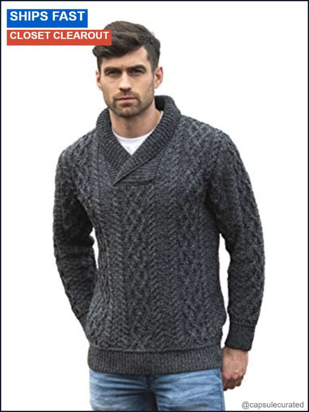 Mens Soft Merino Wool Cable Knit Shawl Collar Pullover Sweater